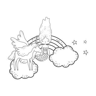 tek boynuzlu at ve bulutlar gökkuşağı deniz kızı vektör çizim tasarım