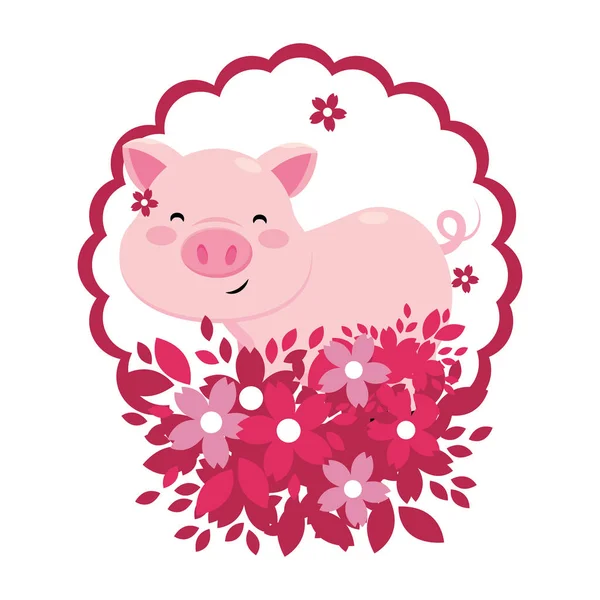 Porc Avec Fleur Icône Ronde Vectoriel Illustration Conception Graphique — Image vectorielle