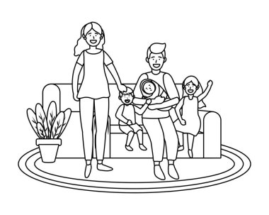 çocuk avatar çizgi film karakteri bir kanepede siyah beyaz vektör illüstrasyon grafik tasarım oturan çift