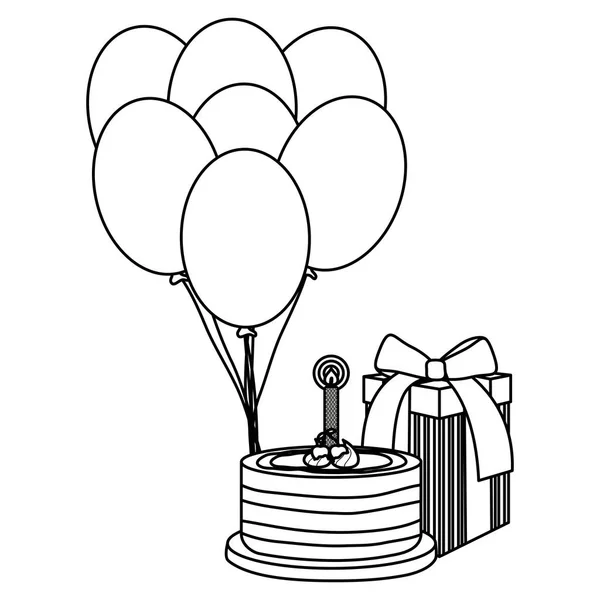 Geschenkbox Mit Süßem Kuchen Und Luftballons Helium Schwimmenden Vektor Illustration — Stockvektor