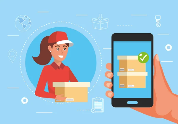 Woman Delivery Box Hand Smartphone Package Service Vector Illustration — 스톡 벡터