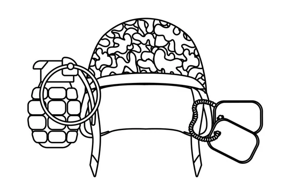ミリタリーヘルメットグレネードとドッグタグプレートアイコン漫画 黒と白ベクトルイラストグラフィックデザイン — ストックベクタ