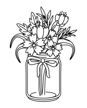 dekorasyon mason kavanoz şişe bitki pot karikatür vektör illüstrasyon grafik tasarım içinde güzel doğa çiçekleri