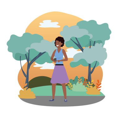 Bin yıllık genç kişi sosyal medya tarama sosyal medya tarama kullanarak afro elbise sıçrama çerçeve doğa arka plan vektör illüstrasyon grafik tasarım mesajlaşma