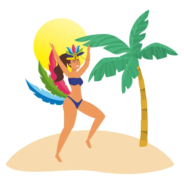 Mujer Nativa Bailando Celebrando Carnaval Brasil Playa Con Ilustración Vectores — Vector de stock