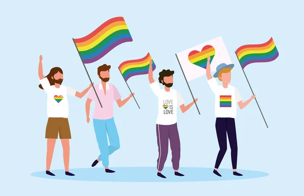 Lgbt自由ベクトルイラストに虹とハートフラグを持つ男性 — ストックベクタ