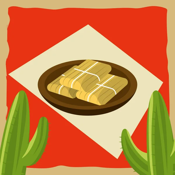 Comida Mexicana Tamales Prato Sobre Grunge Fundo Colorido Com Cacto — Vetor de Stock