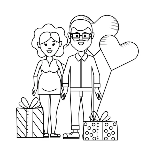 Jonge Mensen Paar Valentines Day Tussen Geschenken Ballonnen Cartoon Vector — Stockvector