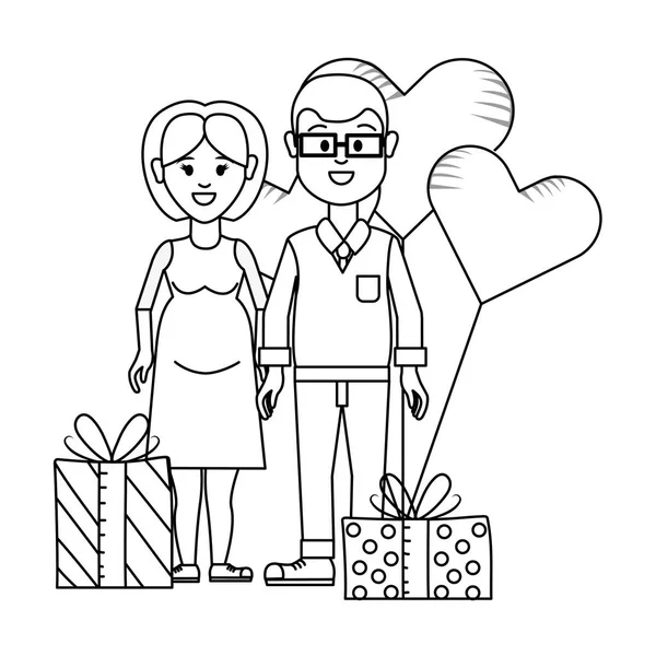 Jovens Casal Dia Dos Namorados Entre Presentes Balões Desenho Animado — Vetor de Stock