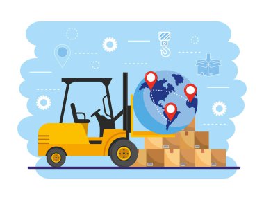küresel harita konumu ve kutuları paket vektör illüstrasyon ile forklift