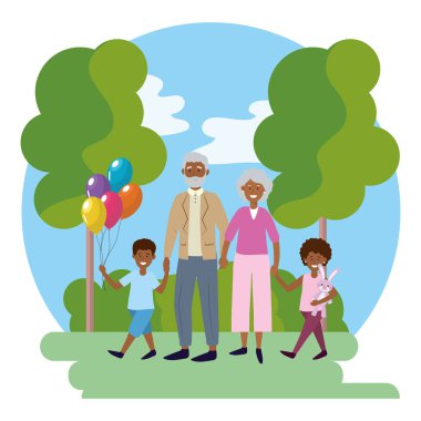 tavşan ve balonlar park manzara vektör illüstrasyon grafik tasarım ile çocuk avatar çizgi film karakteri ile yaşlı çift