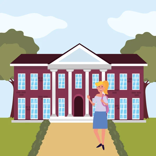 education university college student woman in front university building cartoon vector illustration graphic design