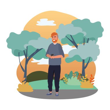 Sosyal medya tarama akıllı telefon kullanarak Bin yıllık genç kişi mesajlaşma sakal kazak redhead sıçrama çerçeve doğa arka plan vektör illüstrasyon grafik tasarım