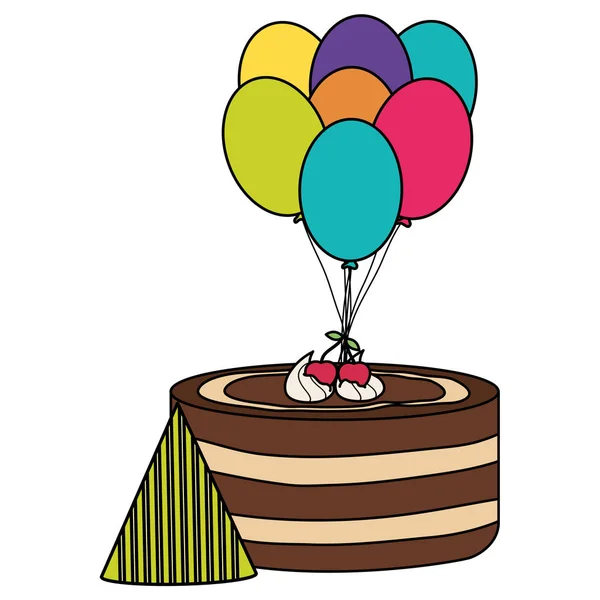 Köstliche Süße Torte Mit Kirschen Und Luftballons Helium Vektor Illustration — Stockvektor