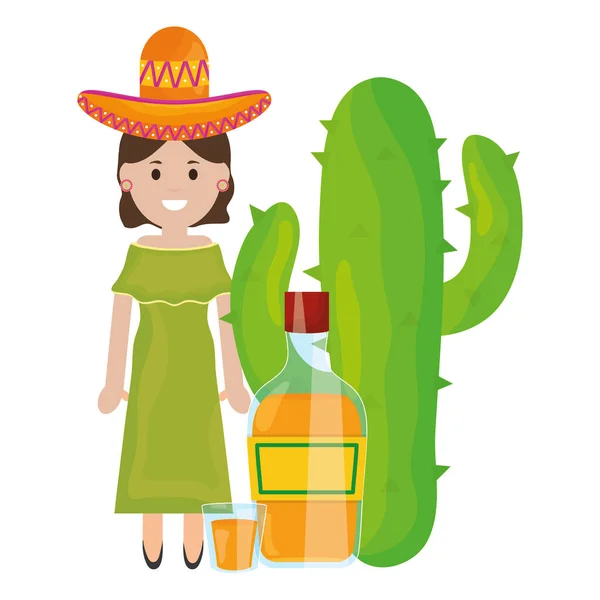 Nádherná Mexická Žena Kloboukem Tequile Ilustrace Designu — Stockový vektor