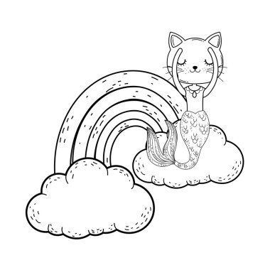 bulutlar ve gökkuşağı vektör çizim tasarım ile şirin purrmaid