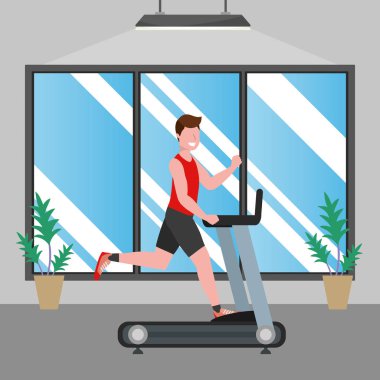 fitness egzersiz adam koşu bandı egzersiz sağlıklı uygun yaşam tarzı spor salonu sahne karikatür vektör illüstrasyon grafik tasarım üzerinde çalışan