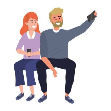 Bin yıllık çift akıllı telefon selfie şık kıyafet kazak oturma vektör illüstrasyon grafik tasarım alarak