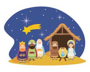 Noel nativity yemlik Üç Akil Adam ve joseph ile Meryem ve İsa'nın sahne karikatür vektör çizim grafik tasarım