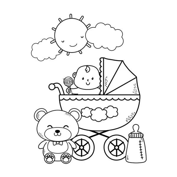 Bebê Chuveiro Bonito Bebê Com Elementos Babycare Desenho Animado Vetor — Vetor de Stock