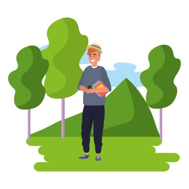 Ağaçlar vektör illüstrasyon grafik tasarım ile açık renkli doğa arka plan metin akıllı telefon kullanarak şapka giyen bin yıllık öğrenci redhead adam