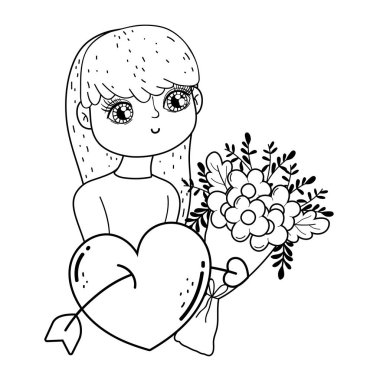 kalp vektör illüstrasyon tasarımı ile genç sevimli kız sevgilisi