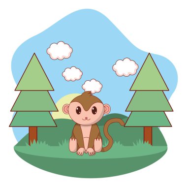 sevimli hayvan maymun arasında çam karikatür vektör çizim grafik tasarım