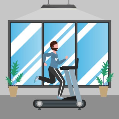 fitness egzersiz adam koşu bandı egzersiz sağlıklı uygun yaşam tarzı spor salonu sahne karikatür vektör illüstrasyon grafik tasarım üzerinde çalışan