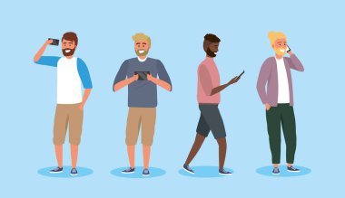 akıllı telefon teknolojisi vektör illüstrasyon ile komik erkek arkadaşlar ayarlayın
