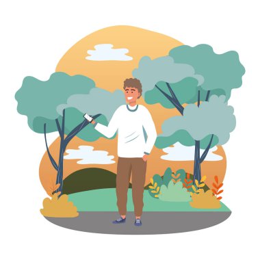 Bin yıllık genç kişi sosyal medya tarama sosyal medya tarama kullanarak kazak kıvırcık saç sıçrama çerçeve doğa arka plan vektör illüstrasyon grafik tasarım