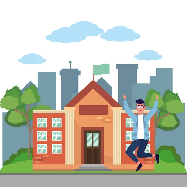 young happy man student with university building cartoon vector illustration graphic design