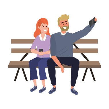 Bin yıllık çift akıllı telefon park bankı vektör illüstrasyon grafik tasarım oturan selfie şık kıyafet kazak alarak