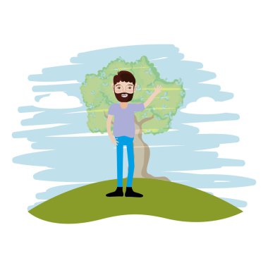 Park ağaç vektör çizim grafik tasarım ile karikatür gülümseyen genç adam