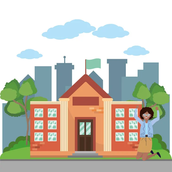 Young Happy Woman Student University Building Cartoon Vector Illustration Graphic — 스톡 벡터