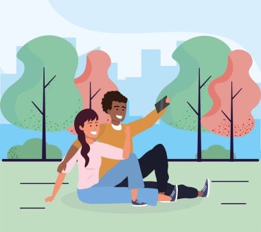 Kadın ve erkek birlikte otururken akıllı telefon vektör çizimi