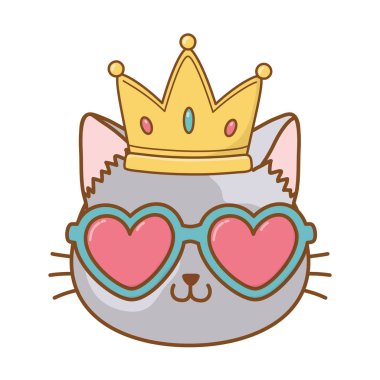 kalp güneş gözlüğü ve taç simgesi karikatür vektör illüstrasyon grafik tasarım ile kedi