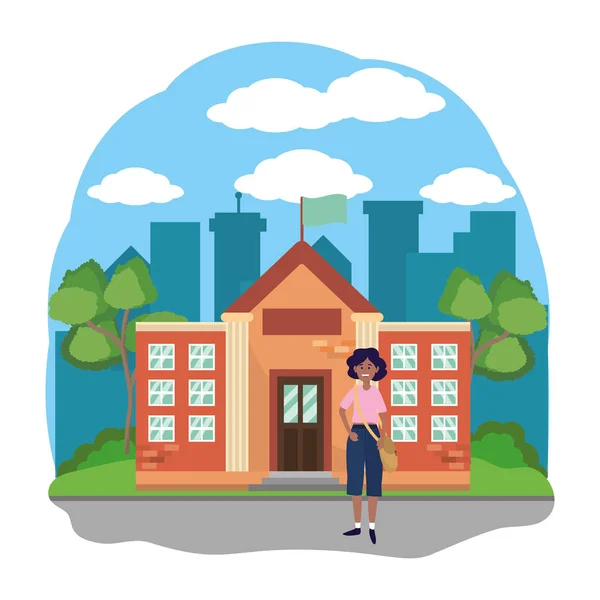 Young Happy Woman Student High School Building Cartoon Vector Illustration — 스톡 벡터