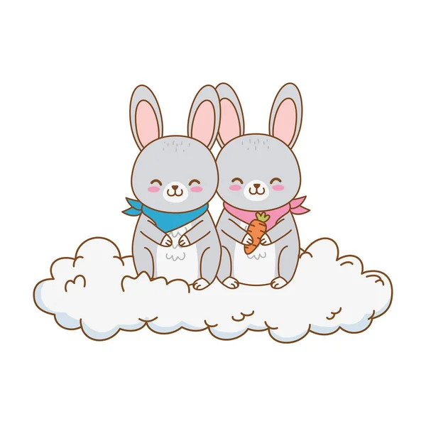 Cute rabbits in the clouds woodland character — Stock Vector