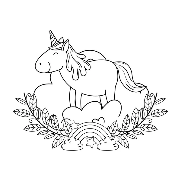 Cute fairytale unicorn in wreath with rainbow — Stock Vector
