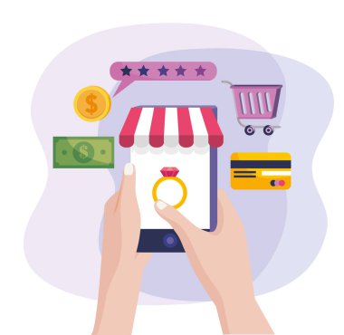 online satın alma ve satış için akıllı telefon teknolojisi ile eller