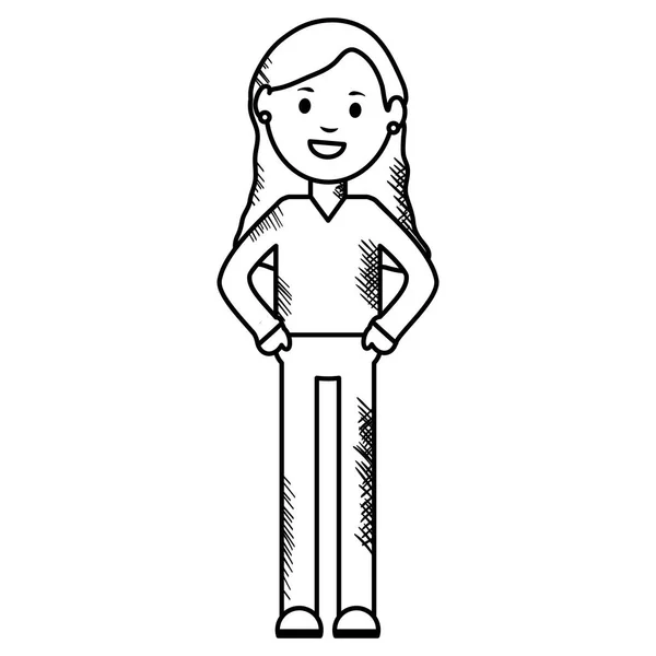 Carácter avatar mujer joven monocromo — Vector de stock