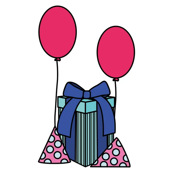 Caja de regalo con sombrero de fiesta y globos de helio flotante — Vector de stock