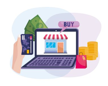 elektronik dizüstü bilgisayar ve kredi kartı ile el online alışveriş