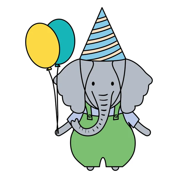 Elefante lindo con globos helio en fiesta de cumpleaños — Vector de stock