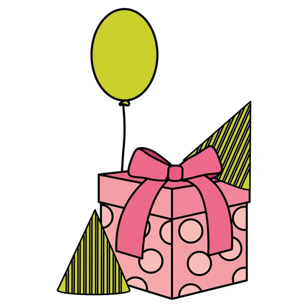 Presentask med Partyhatt och ballonger helium flytande — Stock vektor