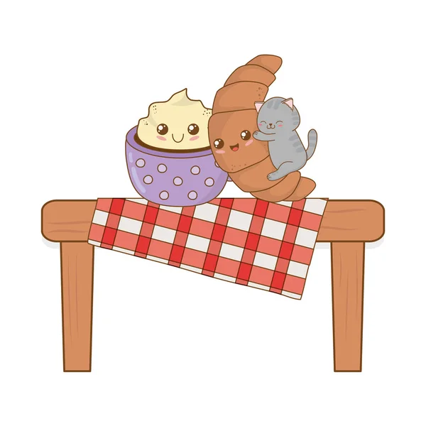 Lindo pequeño gato con croissant kawaii carácter — Archivo Imágenes Vectoriales