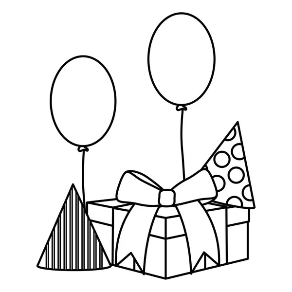 Geschenkbox mit Partyhut und Luftballons Helium schwimmend — Stockvektor