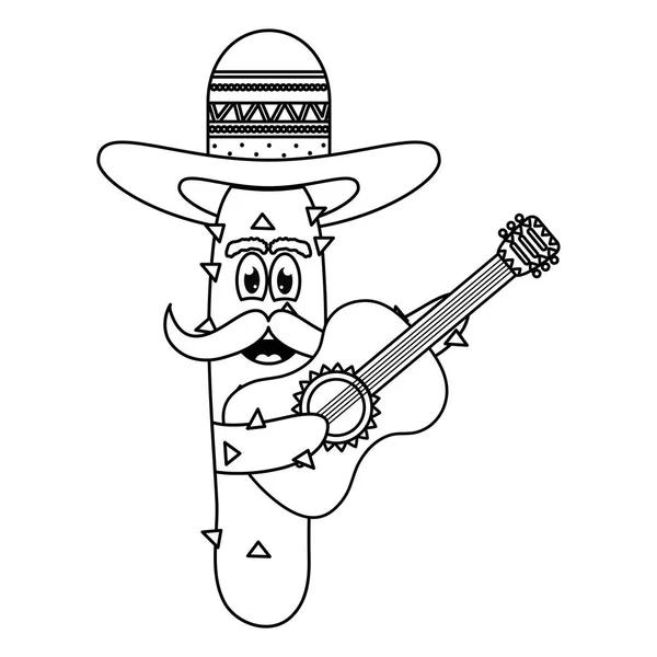 Cactus mexicain avec chapeau et guitare personnage comique — Image vectorielle