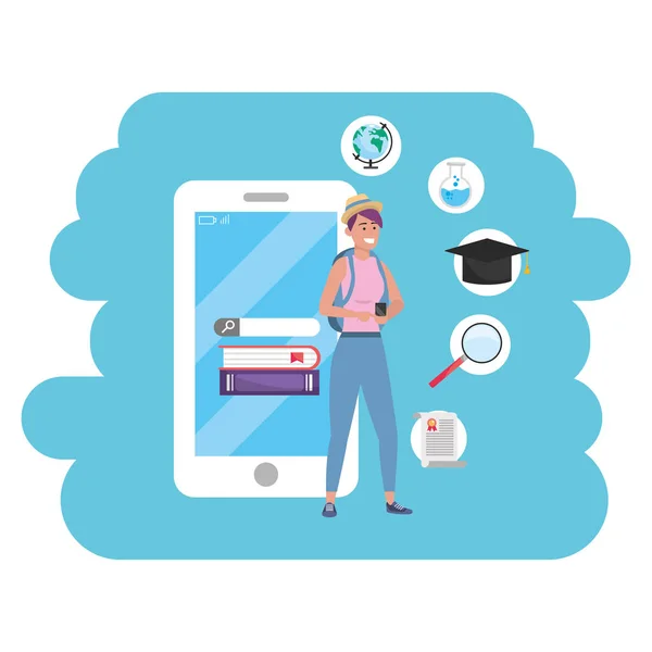Online onderwijs duizendjarige student smartphone — Stockvector