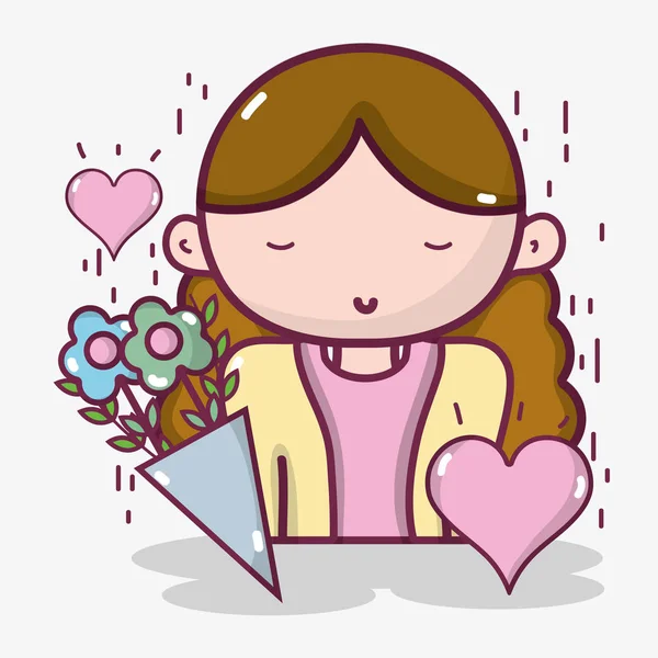 Femme avec bouquet fleurs et coeur design — Image vectorielle